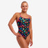 funkita diamond back swimsuit for women, black with rainbow leaves pattern