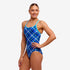 funkita diamond back swimsuit for women, blue crossed lines pattern