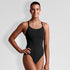 funkita womans one piece diamond back swim suit, period proof swim suit for women, black colour, woman wearing swimsuit on white background
