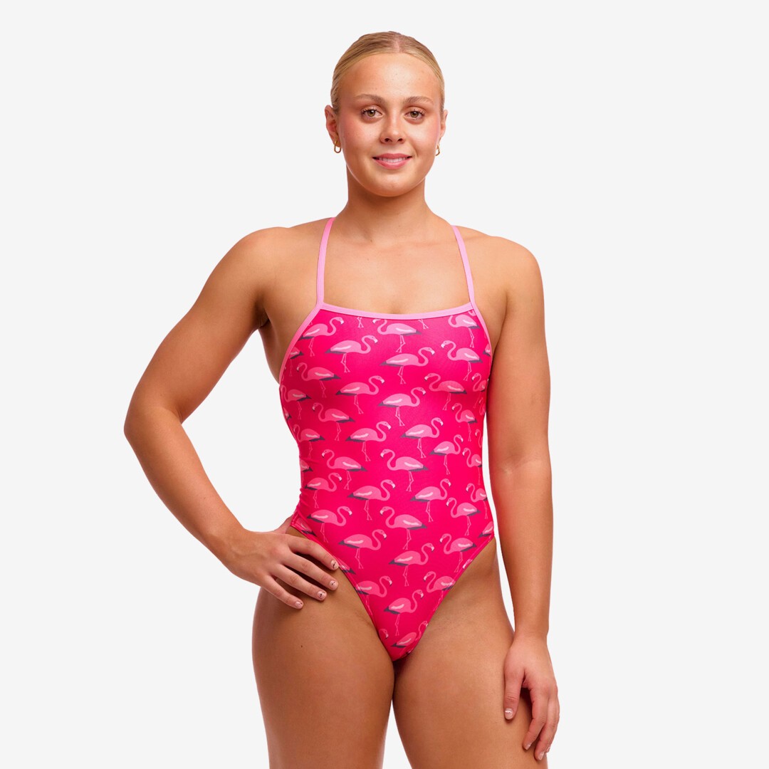 woman wearing funkita strapped in swimsuit in flaming go gos pattern