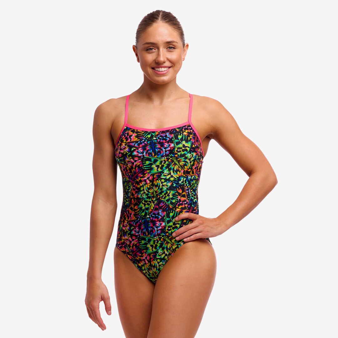 funkita period proof swimwear, single strap style, flying fiesta pattern
