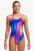girls funkita diamond back swimsuit, girls swimming togs with thick straps, girl wearing blue pink and yellow blurred stripe swimsuit