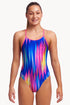 girls funkita diamond back swimsuit, girls swimming togs with thick straps, girl wearing blue pink and yellow blurred stripe swimsuit