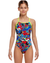 girls funkita diamond back swimsuit, girls swimming togs with thick straps, girl wearing blue and red grafiti patterned  swimsuit with neon yellow straps
