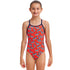 girls funkita diamond back swimsuit, girls swimming togs with thick straps, girl wearing red swimsuit with zebra pattern