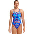 girls funkita diamond back swimsuit, girls swimming togs with thick straps, girl wearing blue and red geometric swimsuit 
