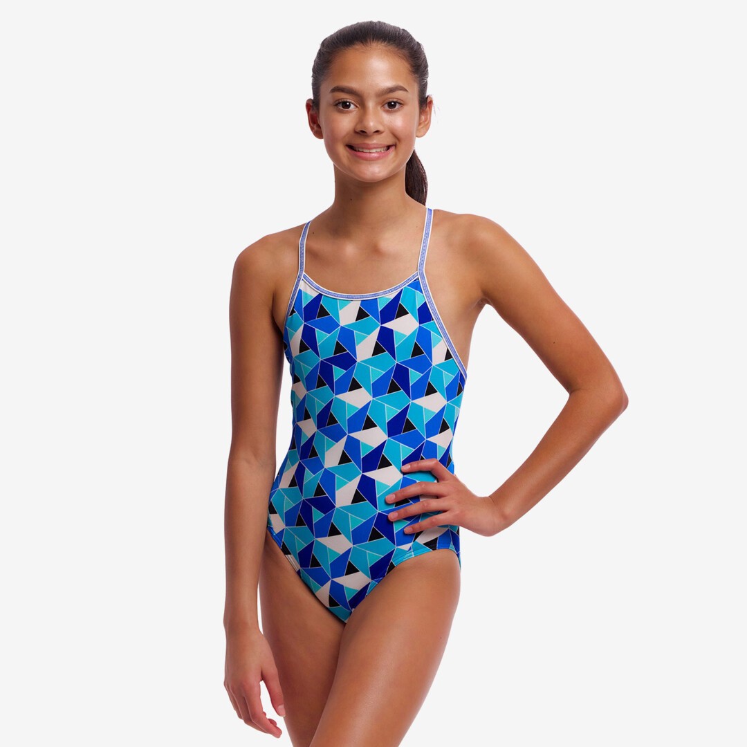girls funkita diamond back swimsuit, blue and white geometric pattern