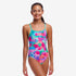 funkita girls single strap swimsuit, pink purple and teal palm trees with shapes pattern
