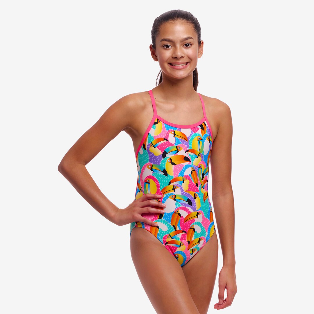 funkita single strap swimsuit, rainbow toucan pattern