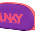 funkita goggle case, hard shell protective micro fibre linned zipper goggle case with clip, purple with pink logo and zipper, close up of case