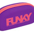 funkita goggle case, hard shell protective micro fibre linned zipper goggle case with clip, purple with pink logo and zipper, close up of 'funky' logo