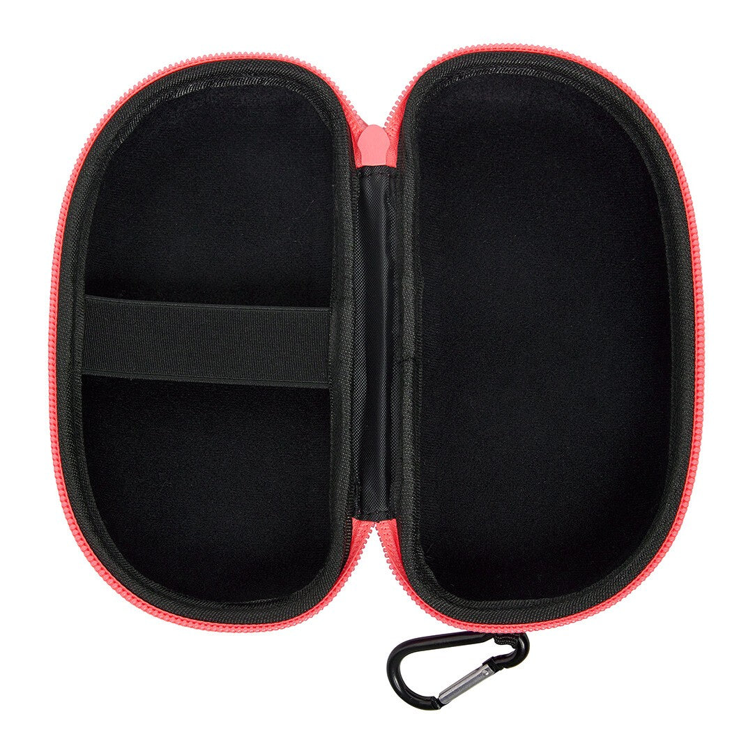 funkita goggle case, hard shell protective micro fibre linned zipper goggle case with clip, purple with pink logo and zipper, inside of case
