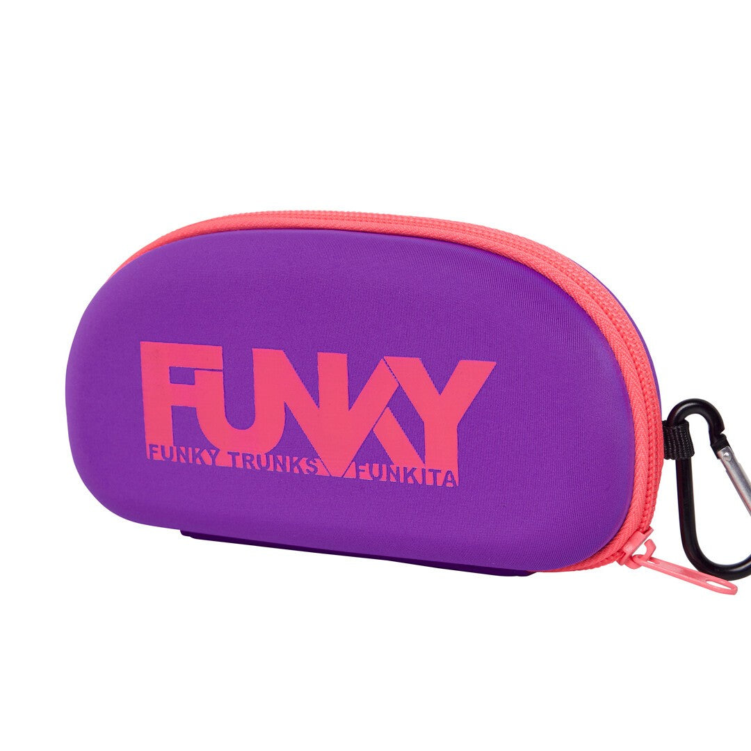 funkita goggle case, hard shell protective micro fibre linned zipper goggle case with clip, purple with pink logo and zipper