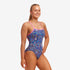 funkita single strap swim suit for women, pink blue and purple geometric design with pink straps