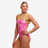 woman wearing funkita swimwear in single strap style and rosie cheeky pattern