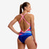 funktia sky hi one piece, womens high neck open back swimsuit with thick straps, pink blue and orange waves with pink straps, back of woman in swimsuit with white background