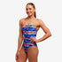 funkita thin strap swimsuit for women, blue and red stripes with leaves pattern