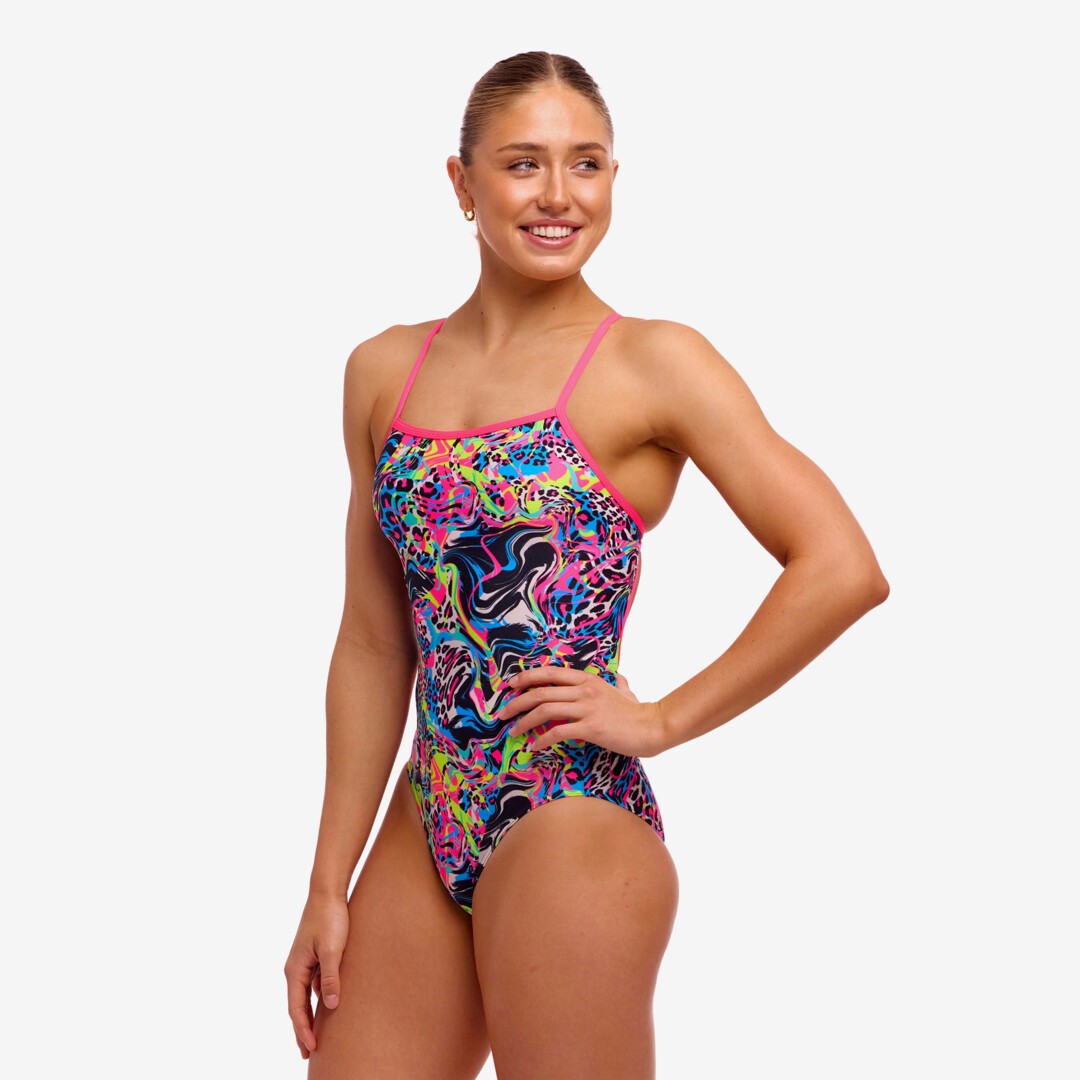 funkita thin strap swimsuit for women, pink blue and yellow paint and leopard print pattern