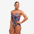 funkita thin strap swimsuit for women, pink blue and yellow paint and leopard print pattern