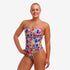 funkita thin strap swimsuit for women, pink purple and yellow paint splots