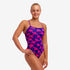 funkita thin strap swimsuit for women, purple and pink with tree pattern 