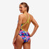 funkita thin strap swimsuit for women, blue red and pink wavy pattern with neon yellow straps with large back opening 