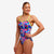 funkita thin strap swimsuit for women, blue red and pink wavy pattern with neon yellow straps