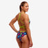 funkita cross strapped womens swimsuit, navy with rainbow starfish pattern from behind