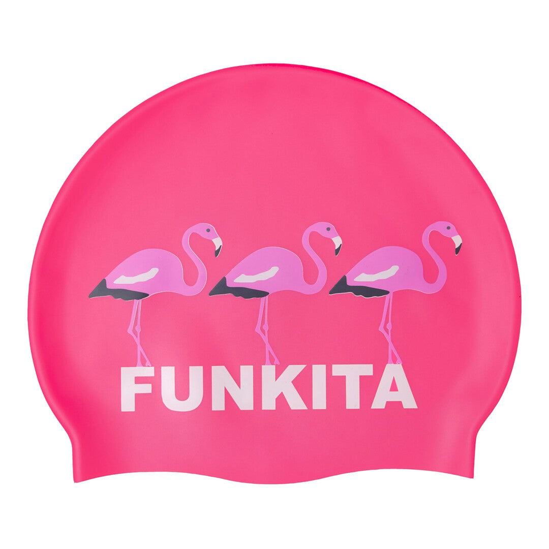 Silicone swim cap from funkita in pink with 3 flamingos and funkita logo