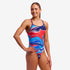 funkita diamond back wave, womens swimming togs, red blue, navy with white details marbled pattern