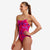funkita womans one piece diamond back swim suit, period proof swim suit for women, pink geometric with lime strap detail, woman wearing swimsuit on white background