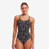 funkita womans one piece diamond back swim suit, period proof swim suit for women, black and white square pattern, woman wearing swimsuit on white background