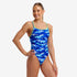 funkita womens one piece diamond back swimsuit, blue camo with green strap detail, woman wearing swim suit on white background