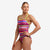 funkita womens single strap swim suit, one peice swim suit with thing strap and open back, pink purple lime stripes with lime strap, woman wearing swimsuit on white background