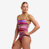 funkita womens single strap swim suit, one peice swim suit with thing strap and open back, pink purple lime stripes with lime strap, woman wearing swimsuit on white background