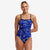 funkita womens single strap swim suit, one peice swim suit with thing strap and open back, blue with black strap, woman wearing swimsuit on white background