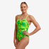funkita womens single strap swim suit, one peice swim suit with thing strap and open back, green with lime strap, woman wearing swimsuit on white background