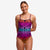 funkita womens single strap swim suit, one peice swim suit with thing strap and open back, rainbow animal print with maroon strap, woman wearing swimsuit on white background