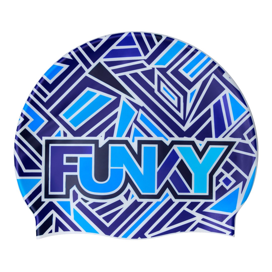 Silicone swim cap from funky trunks, blue bits pattern with word Funky
