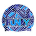 Silicone swim cap from funky trunks, blue bits pattern with word Funky