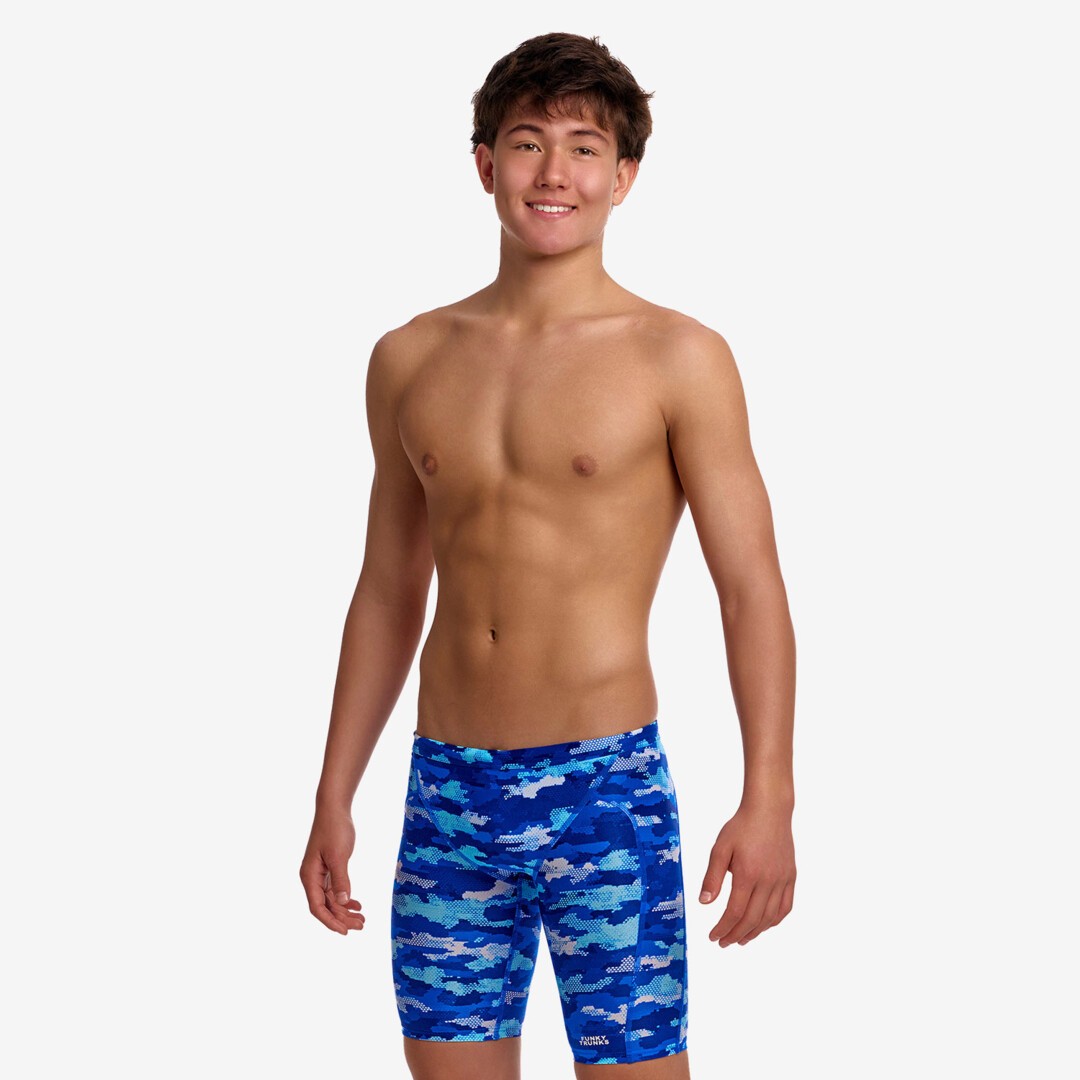 funky trunks boys jammers, boys swimming trunks, blue camo, boy wearing swimming bottoms on white background