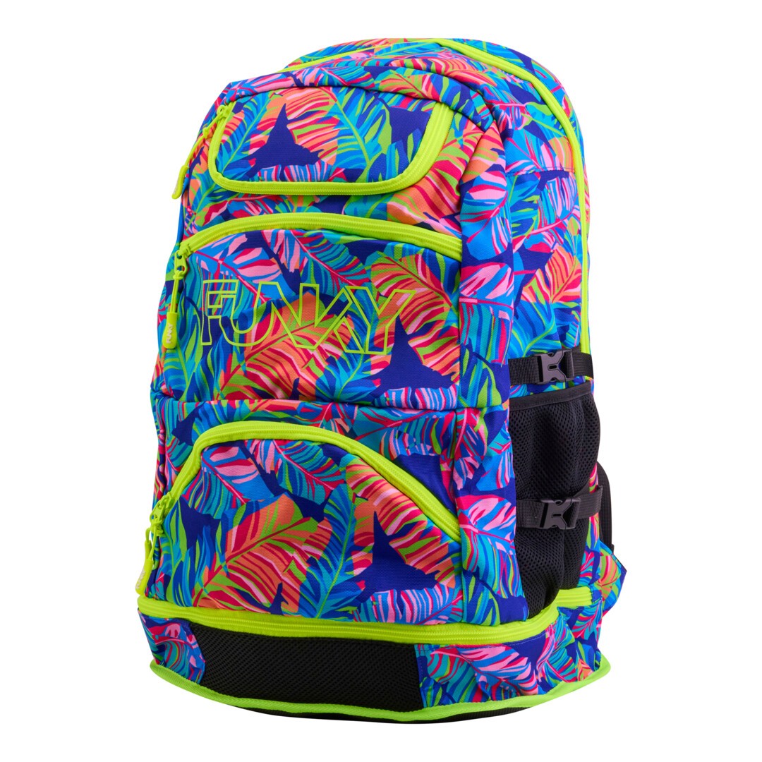 funky trunks backpack from funkita, large 36 litter backpack with multiple zipper pouches, neon bright palm leaves, front of back pack