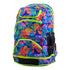 funky trunks backpack from funkita, large 36 litre backpack with multiple zipper pouches, neon bright palm leaves, front of back pack