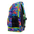 funky trunks backpack from funkita, large 36 litre backpack with multiple zipper pouches, neon bright palm leaves, side of back pack