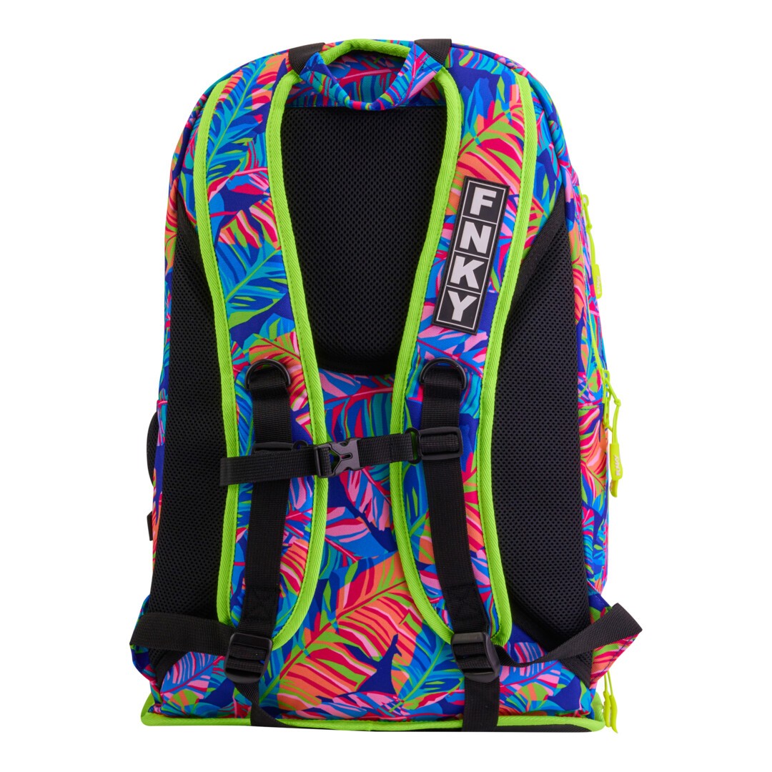 funky trunks backpack from funkita, large 36 litre backpack with multiple zipper pouches, neon bright palm leaves, back of back pack