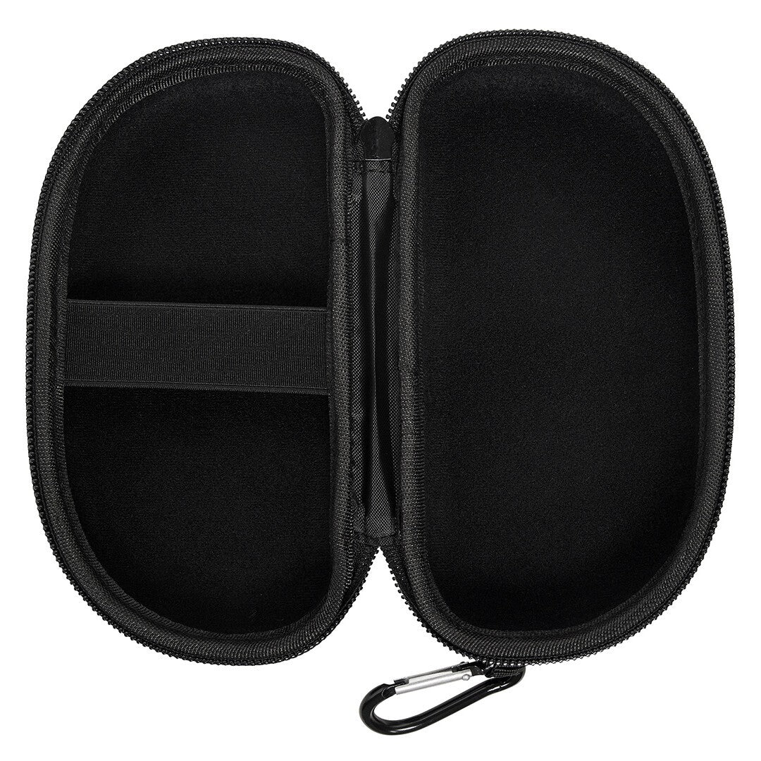 funky trunks goggle case, hard shell protective micro fibre linned zipper goggle case with clip, black with gold details, inside of case