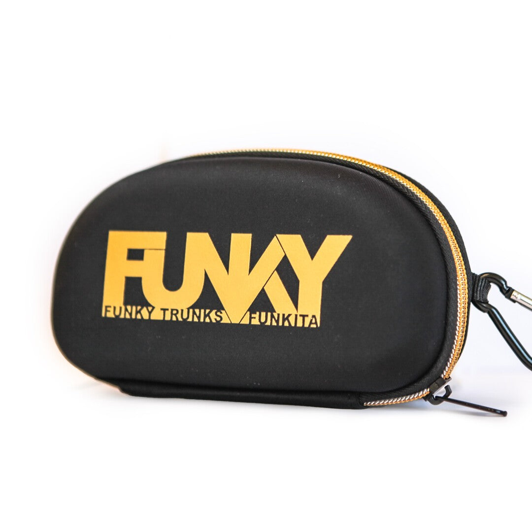 funky trunks goggle case, hard shell protective micro fibre linned zipper goggle case with clip, black with gold details