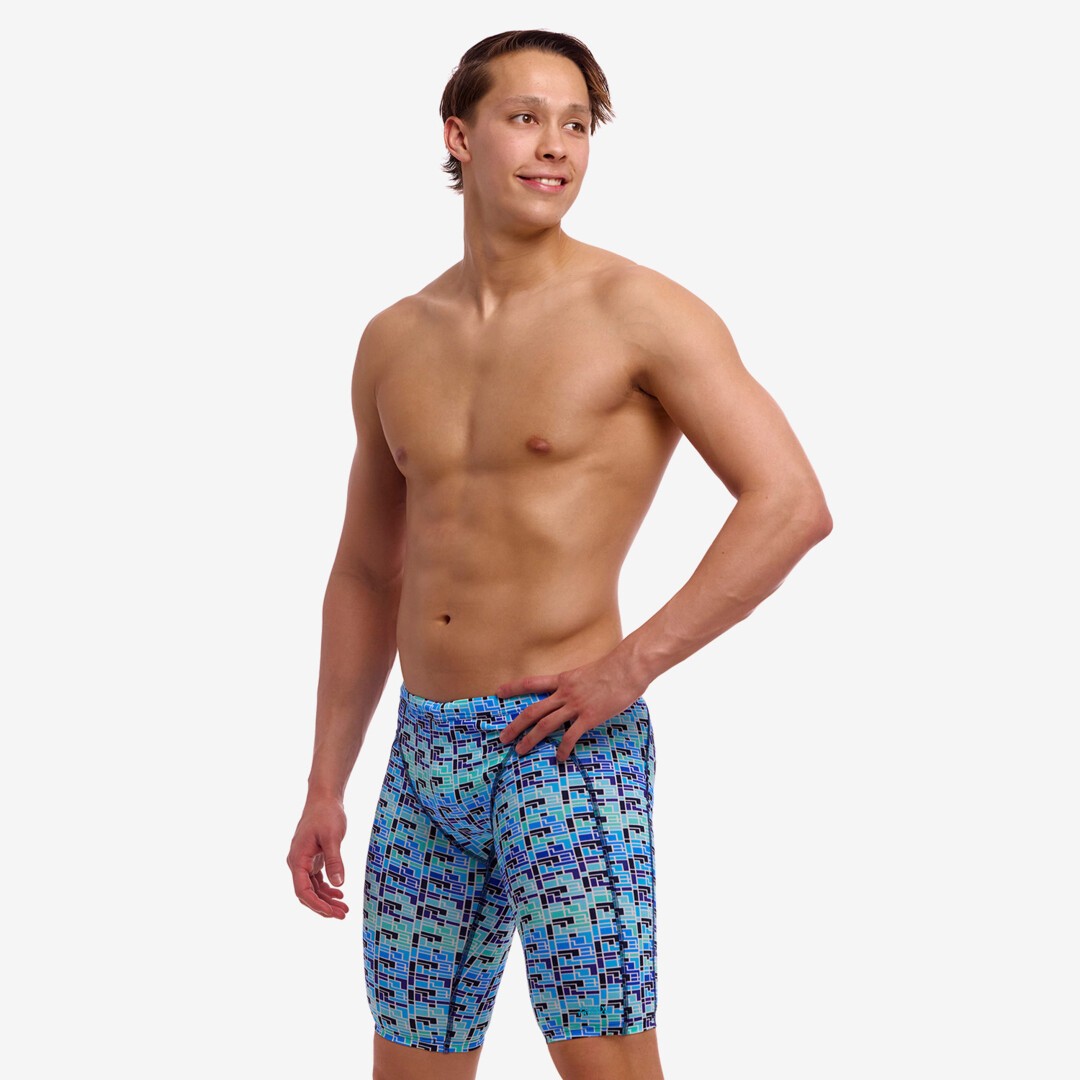 man wearing funky trunks jammer in jack stack pattern