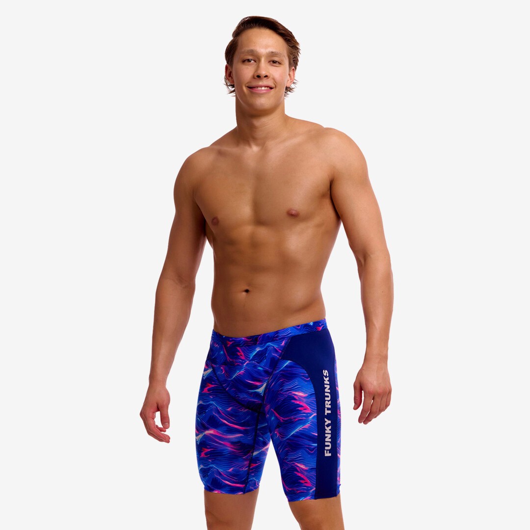 man wearing funky trunks jammer in rising tide pattern