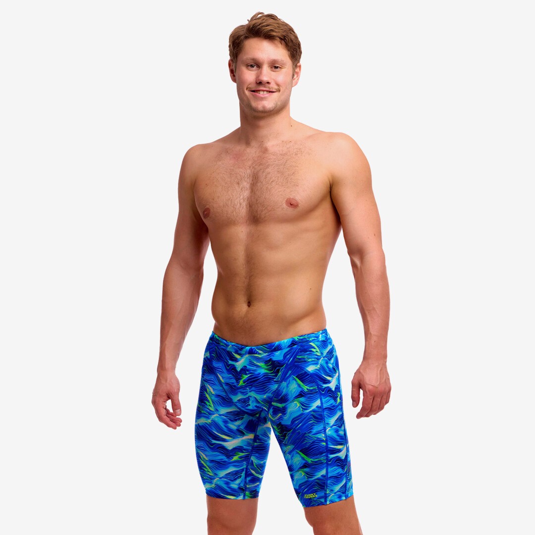 man wearing funky trunks jammer in storm chaser pattern